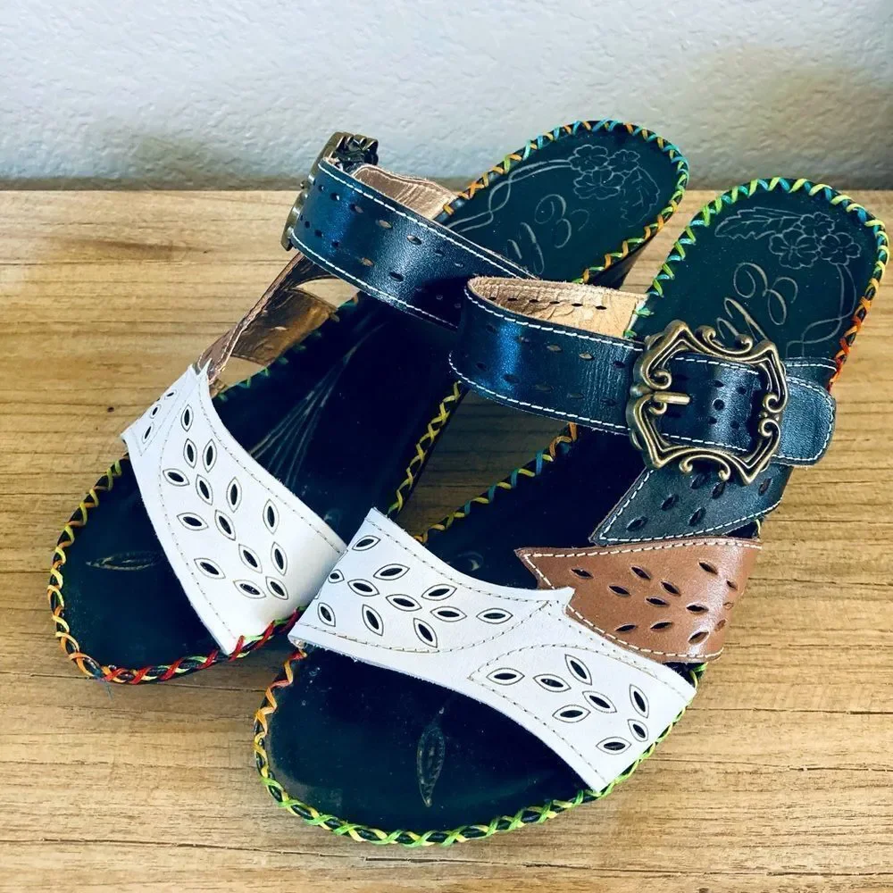 Elite Leather Laser Cutout Patchwork Design Sandals 9